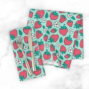 Strawberries Strawberry & Flowers Summer Fruit Red on Mint Green