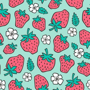 Strawberries Strawberry & Flowers Summer Fruit Red on Mint Green