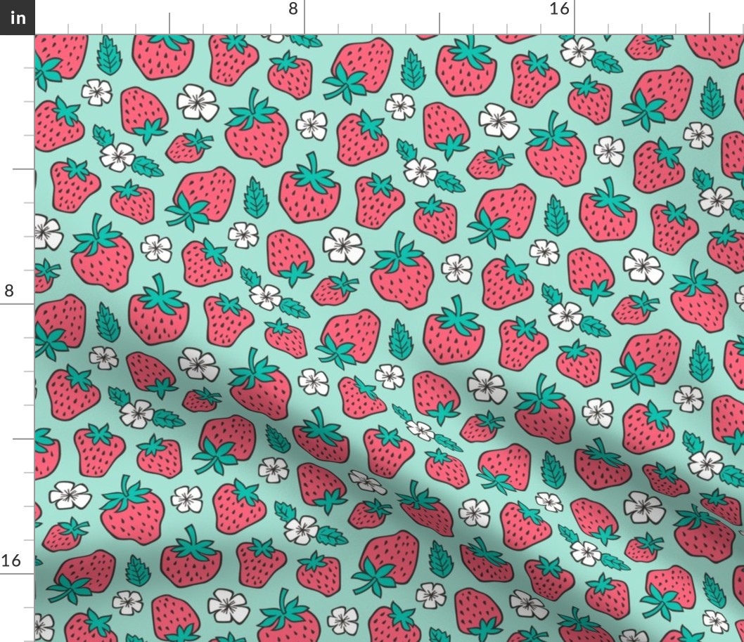 Strawberries Strawberry & Flowers Summer Fruit Red on Mint Green