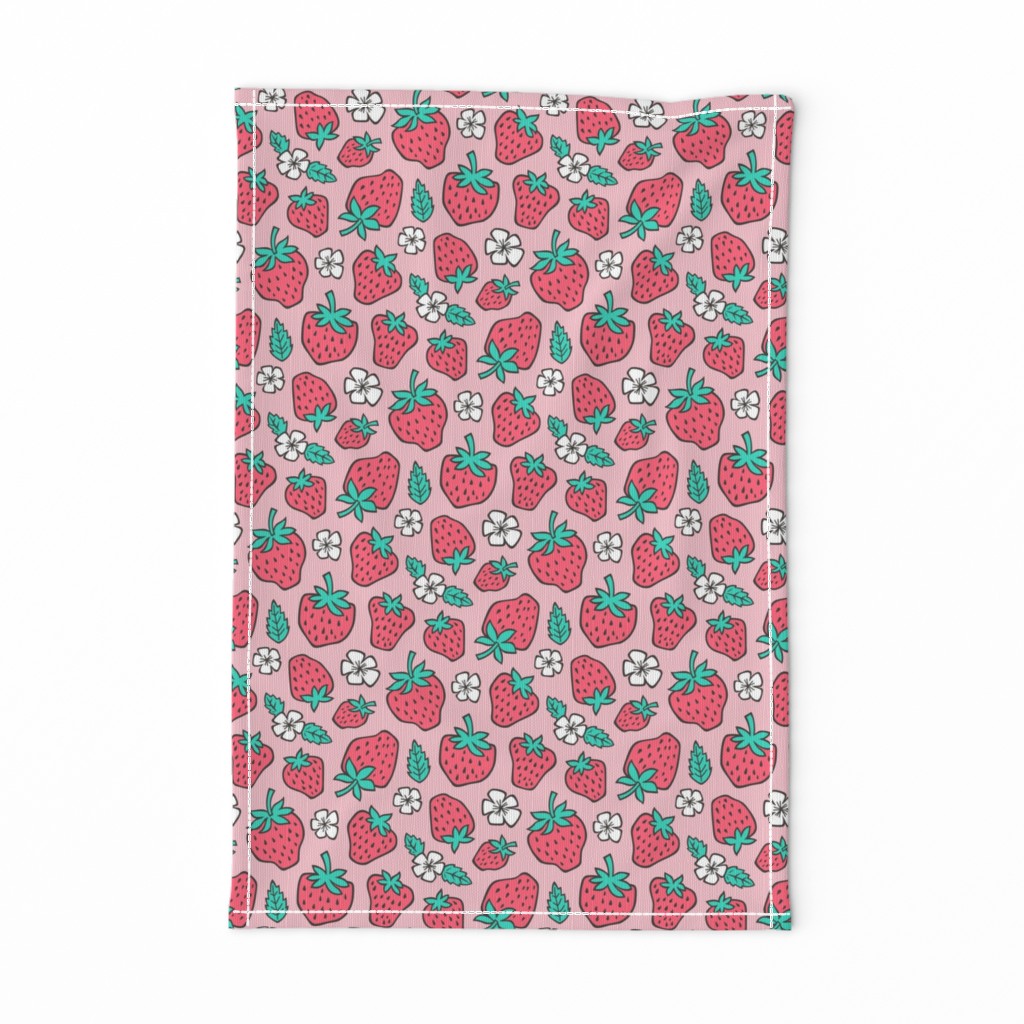 Strawberries Strawberry & Flowers Summer Fruit Red on Pink