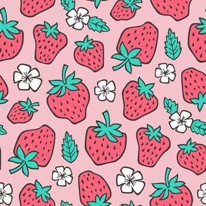 Strawberries Strawberry & Flowers Summer Fruit Red on Pink