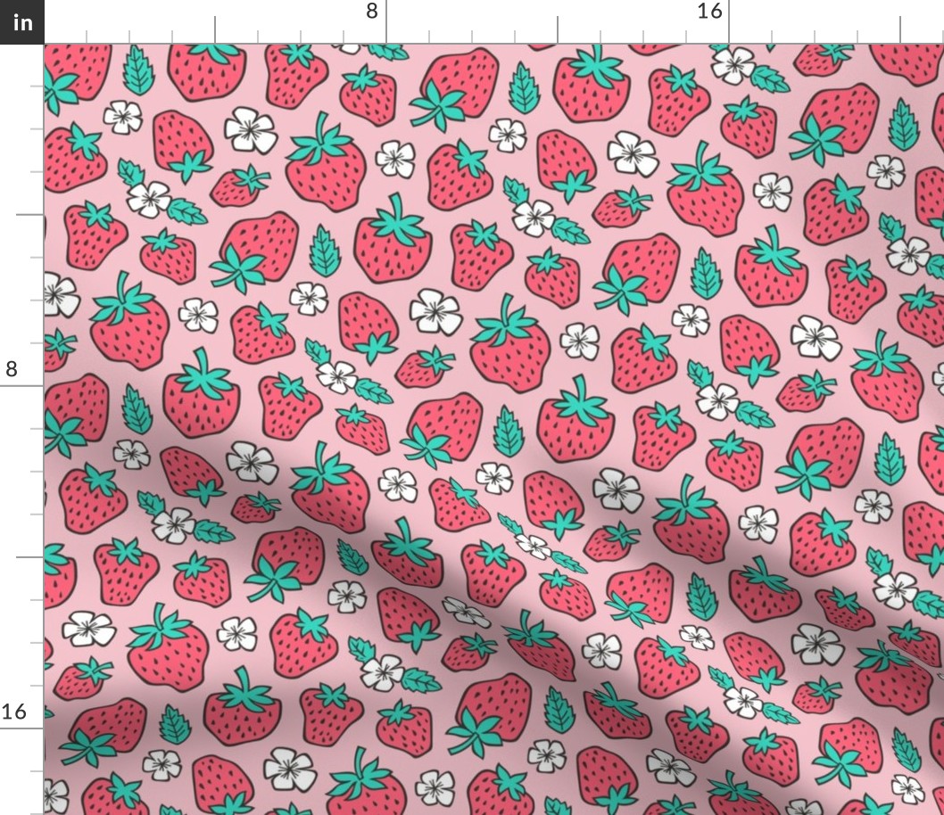 Strawberries Strawberry & Flowers Summer Fruit Red on Pink