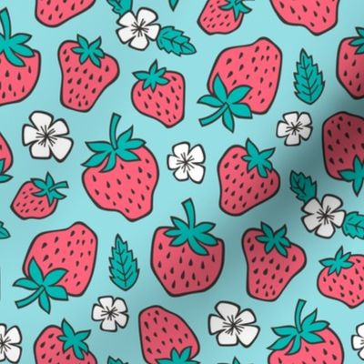 Strawberries Strawberry & Flowers Summer Fruit Red on Blue