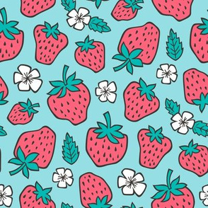 Strawberries Strawberry & Flowers Summer Fruit Red on Blue