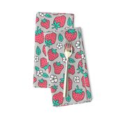 Strawberries Strawberry & Flowers Summer Fruit Red on Grey