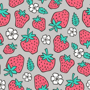 Strawberries Strawberry & Flowers Summer Fruit Red on Grey
