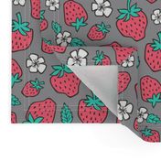 Strawberries Strawberry & Flowers Summer Fruit Red on Dark Grey