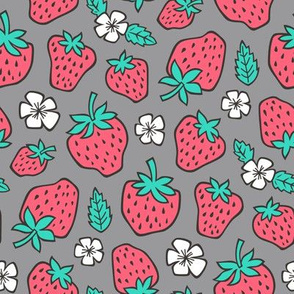 Strawberries Strawberry & Flowers Summer Fruit Red on Dark Grey