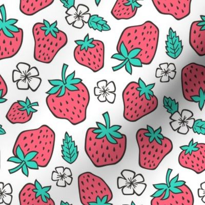 Strawberries Strawberry & Flowers Summer Fruit Red on White