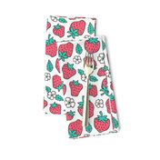 Strawberries Strawberry & Flowers Summer Fruit Red on White