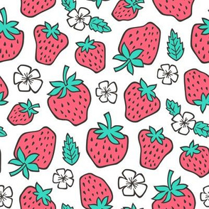 Strawberries Strawberry & Flowers Summer Fruit Red on White