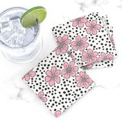 Vintage Summer Pink Flowers with Hand Drawn Black Dots on White