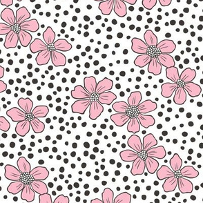 Vintage Summer Pink Flowers with Hand Drawn Black Dots on White