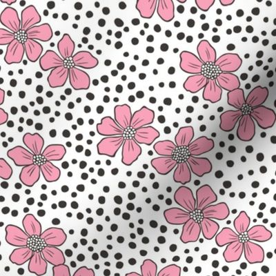 Vintage Summer  Dark Pink  Flowers with Hand Drawn Black Dots on White