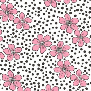 Vintage Summer  Dark Pink  Flowers with Hand Drawn Black Dots on White