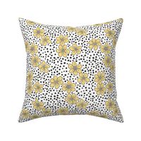 Vintage Summer Yellow Flowers with Hand Drawn Black Dots on White