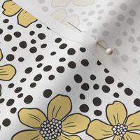 Vintage Summer Yellow Flowers with Hand Drawn Black Dots on White