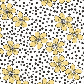 Vintage Summer Yellow Flowers with Hand Drawn Black Dots on White