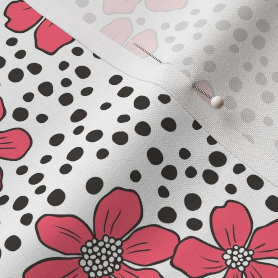 Vintage Summer Red Flowers with Hand Drawn Black Dots on White