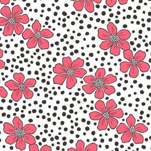 Vintage Summer Red Flowers with Hand Drawn Black Dots on White