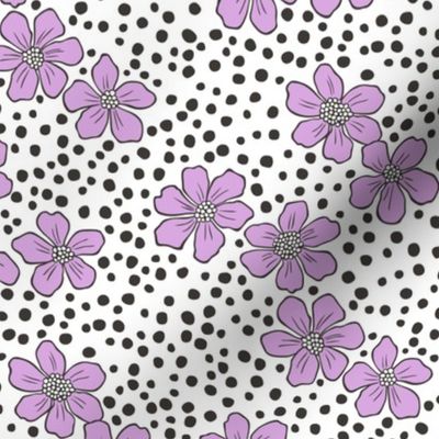 Vintage Summer Purple Flowers with Hand Drawn Black Dots on White