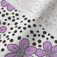 Vintage Summer Purple Flowers with Hand Drawn Black Dots on White