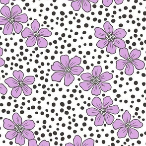 Vintage Summer Purple Flowers with Hand Drawn Black Dots on White