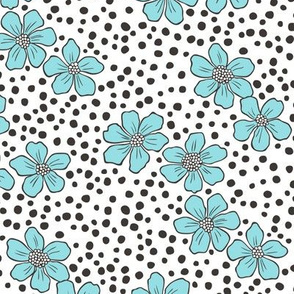 Vintage Summer Aqua Blue Flowers with Hand Drawn Black Dots on White