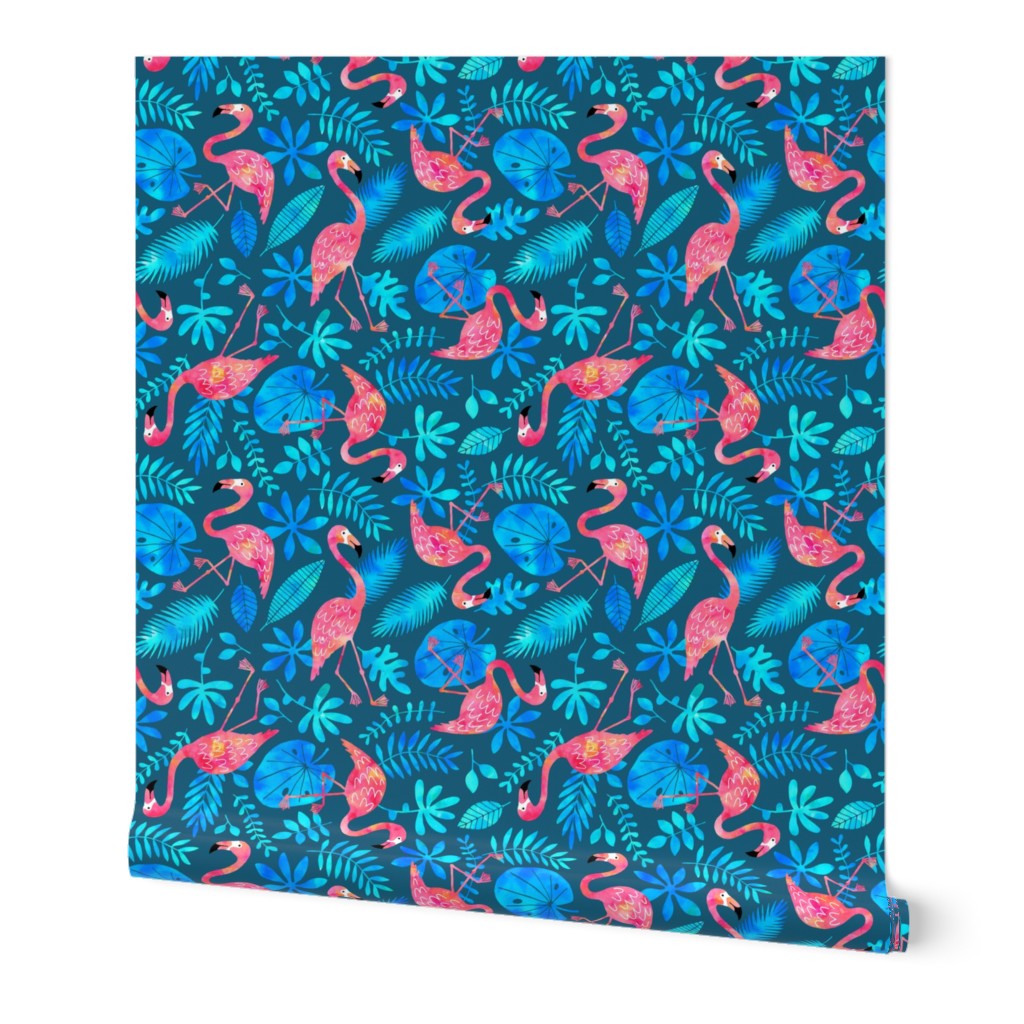 Flamingo jungle watercolor blue