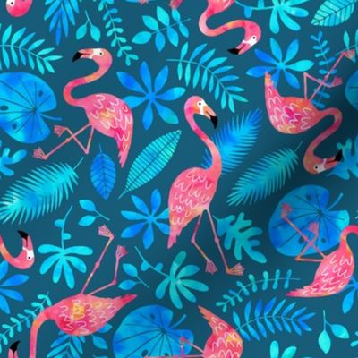 Flamingo jungle watercolor blue