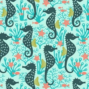 Seahorse in coral reef turquoise