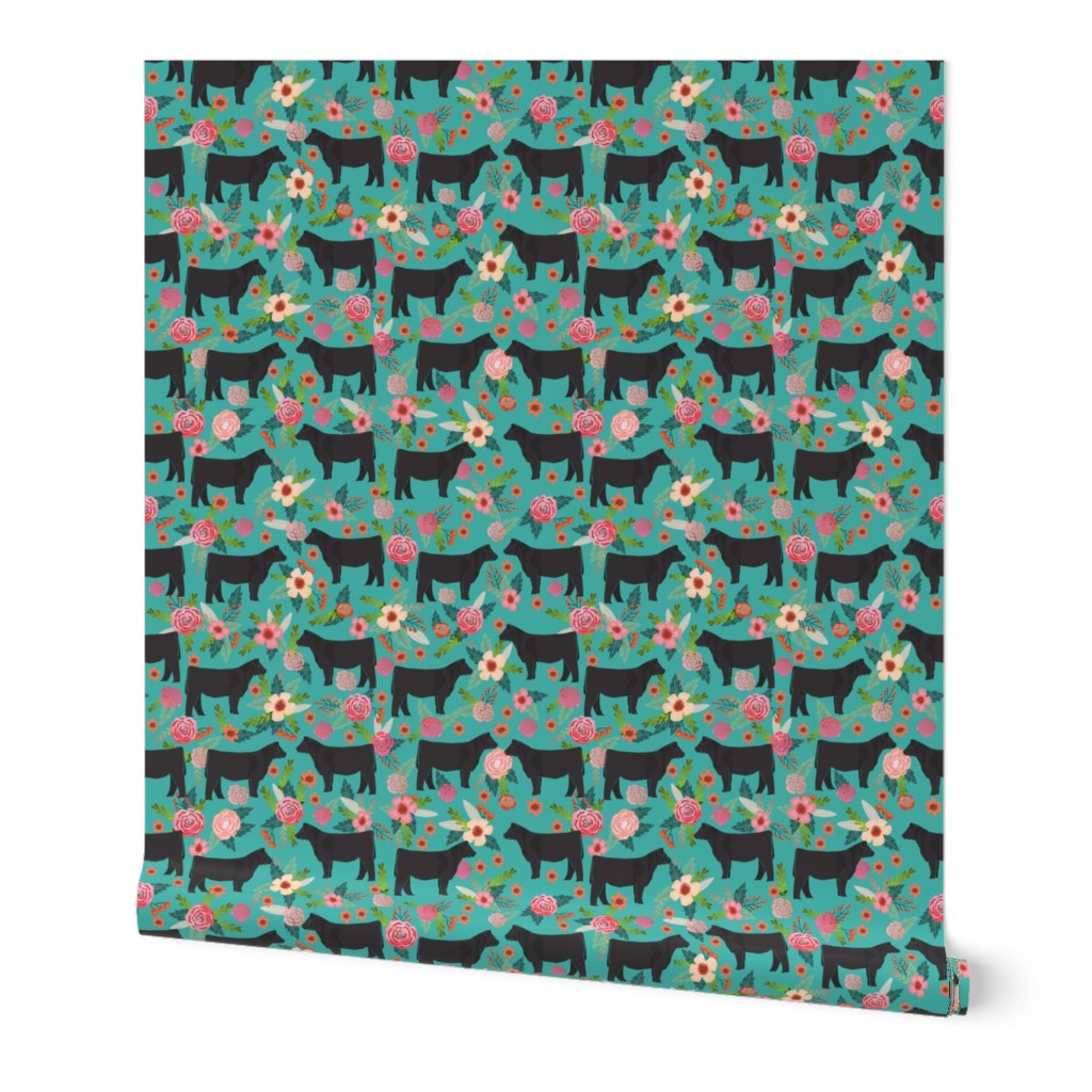 steer floral fabric show steer cows farm barn fabric florals design - turquoise