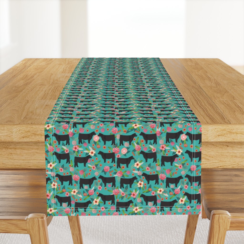 steer floral fabric show steer cows farm barn fabric florals design - turquoise