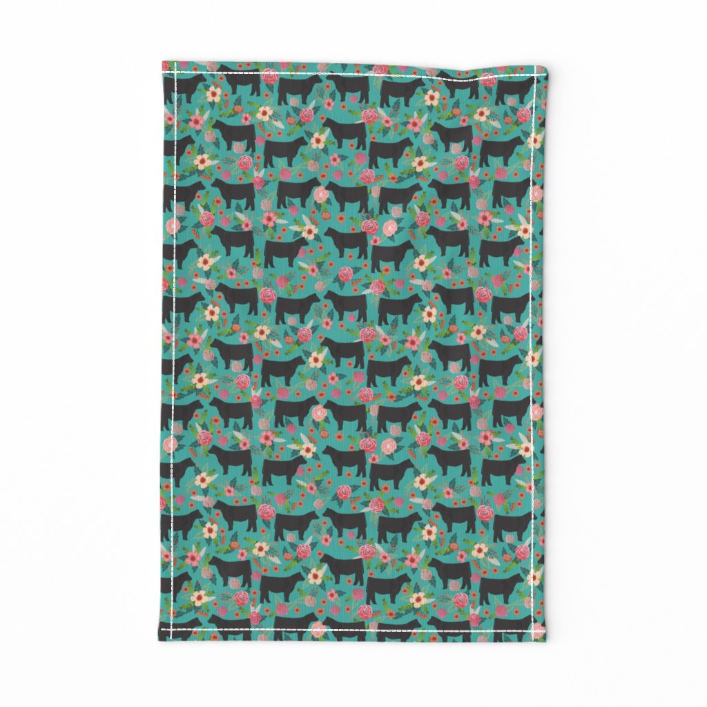 steer floral fabric show steer cows farm barn fabric florals design - turquoise