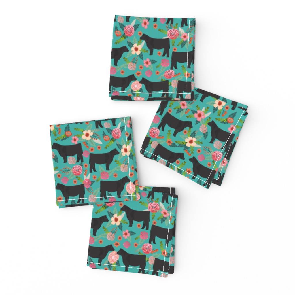 steer floral fabric show steer cows farm barn fabric florals design - turquoise
