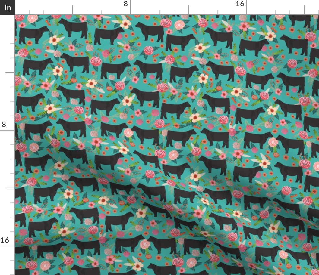 steer floral fabric show steer cows farm barn fabric florals design - turquoise