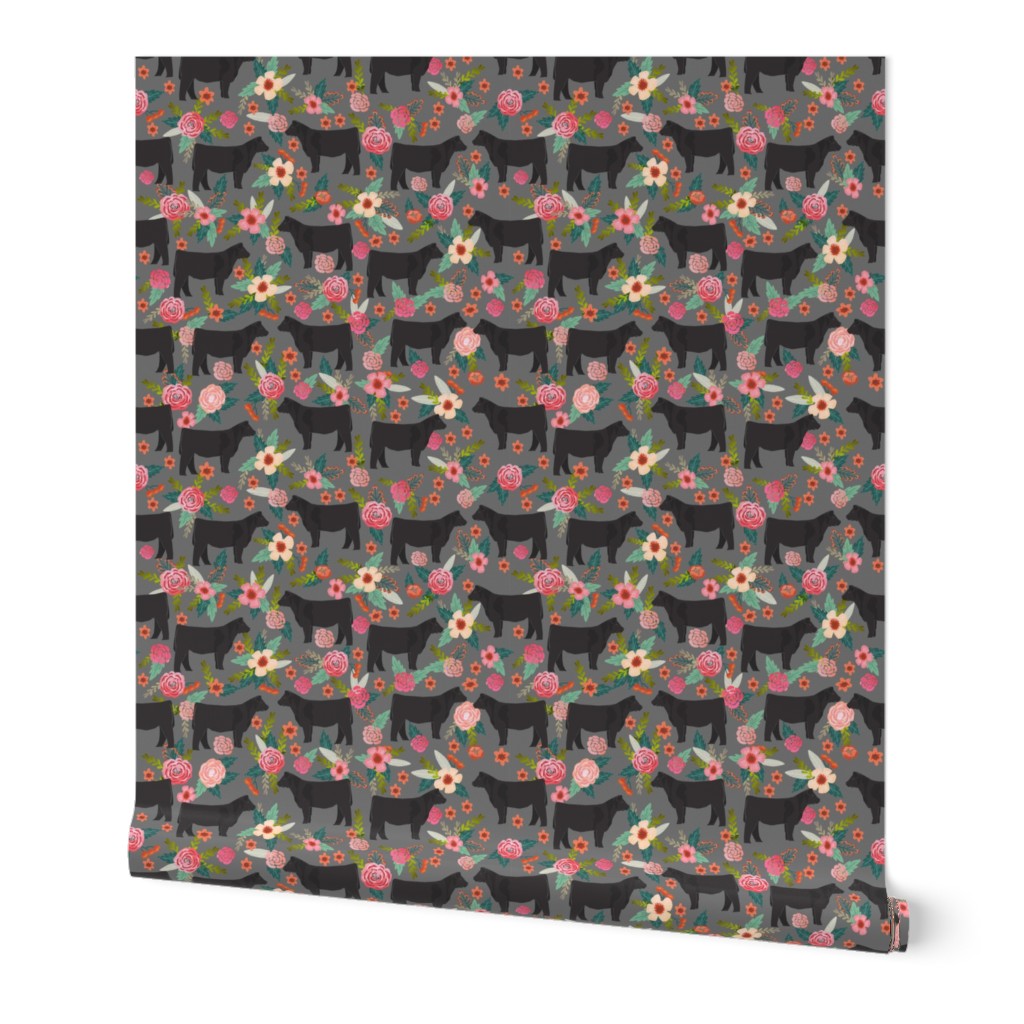steer floral fabric show steer cows farm barn fabric florals design - grey