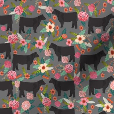 steer floral fabric show steer cows farm barn fabric florals design - grey