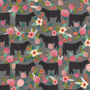steer floral fabric show steer cows farm barn fabric florals design - grey