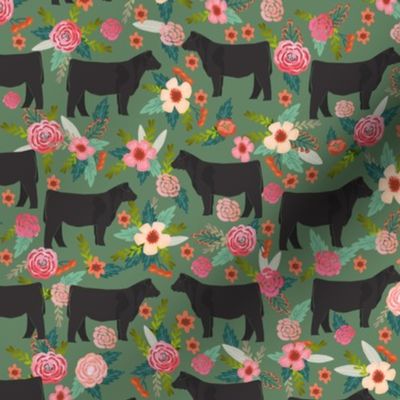 steer floral fabric show steer cows farm barn fabric florals design - medium green