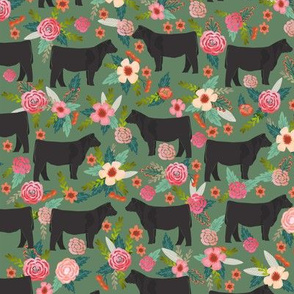 steer floral fabric show steer cows farm barn fabric florals design - medium green