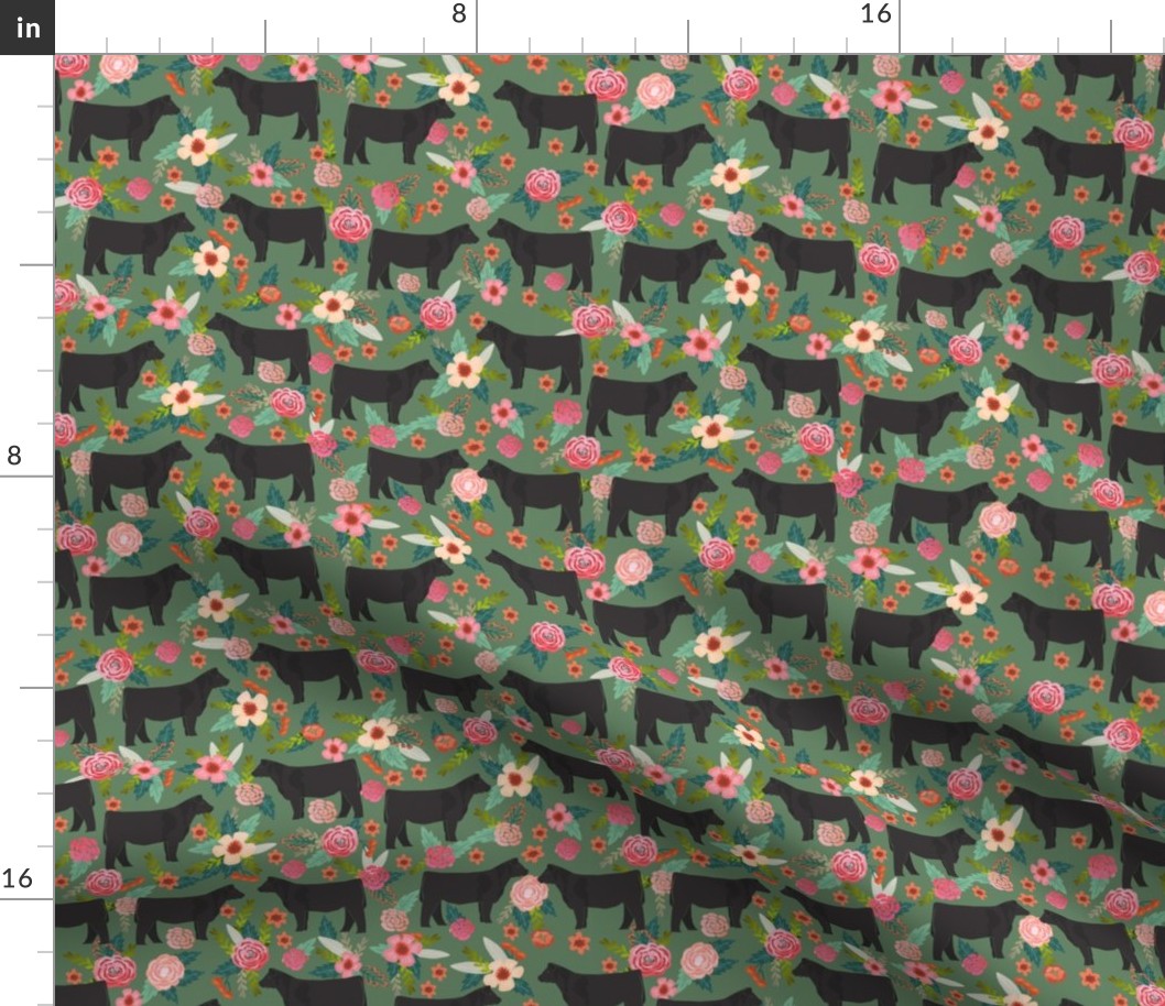 steer floral fabric show steer cows farm barn fabric florals design - medium green