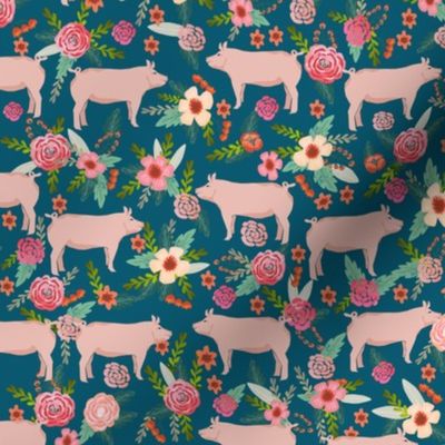 pigs and florals fabric farmyard animals farm fabrics - sapphire