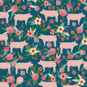 pigs and florals fabric farmyard animals farm fabrics - sapphire