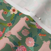 pigs and florals fabric farmyard animals farm fabrics - medium green