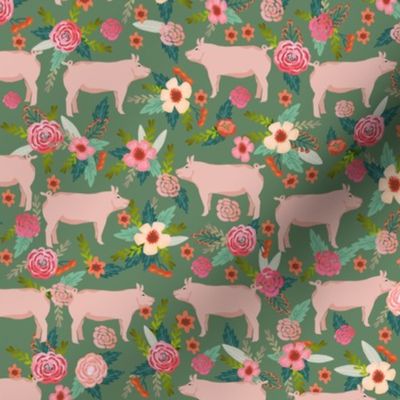 pigs and florals fabric farmyard animals farm fabrics - medium green