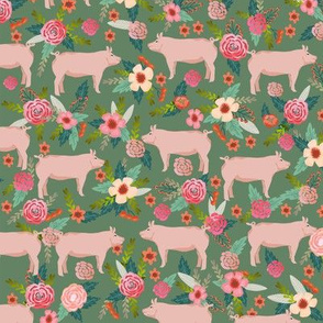 pigs and florals fabric farmyard animals farm fabrics - medium green