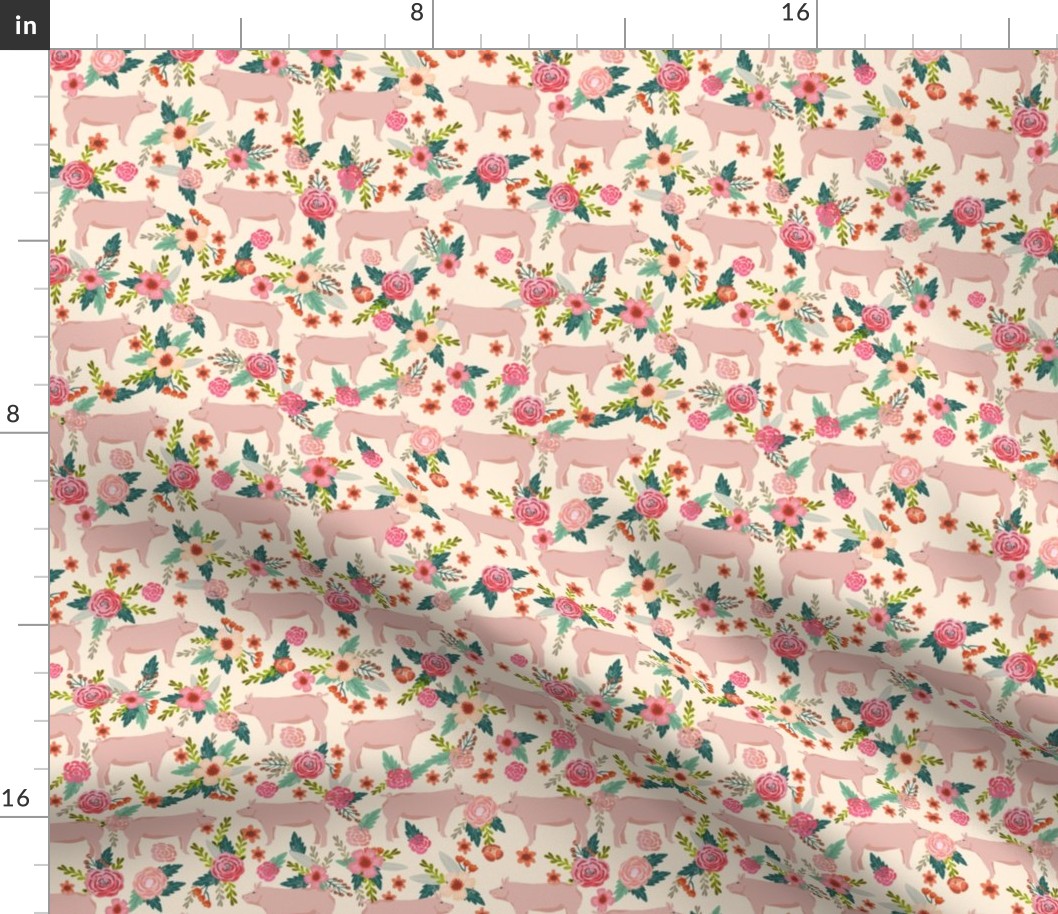 pigs and florals fabric farmyard animals Fabric | Spoonflower
