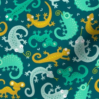 Lizards ditsy on dark teal