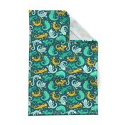 Lizards ditsy on dark teal